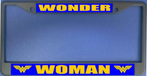 Wonder Woman Blue Background Black Chrome License Plate Frame