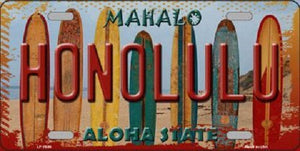 Honolulu Surfboards Hawaii State Background Novelty Metal License Plate