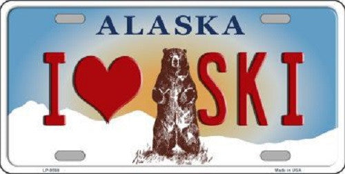 I Love Ski Alaska State Background Novelty Metal License Plate