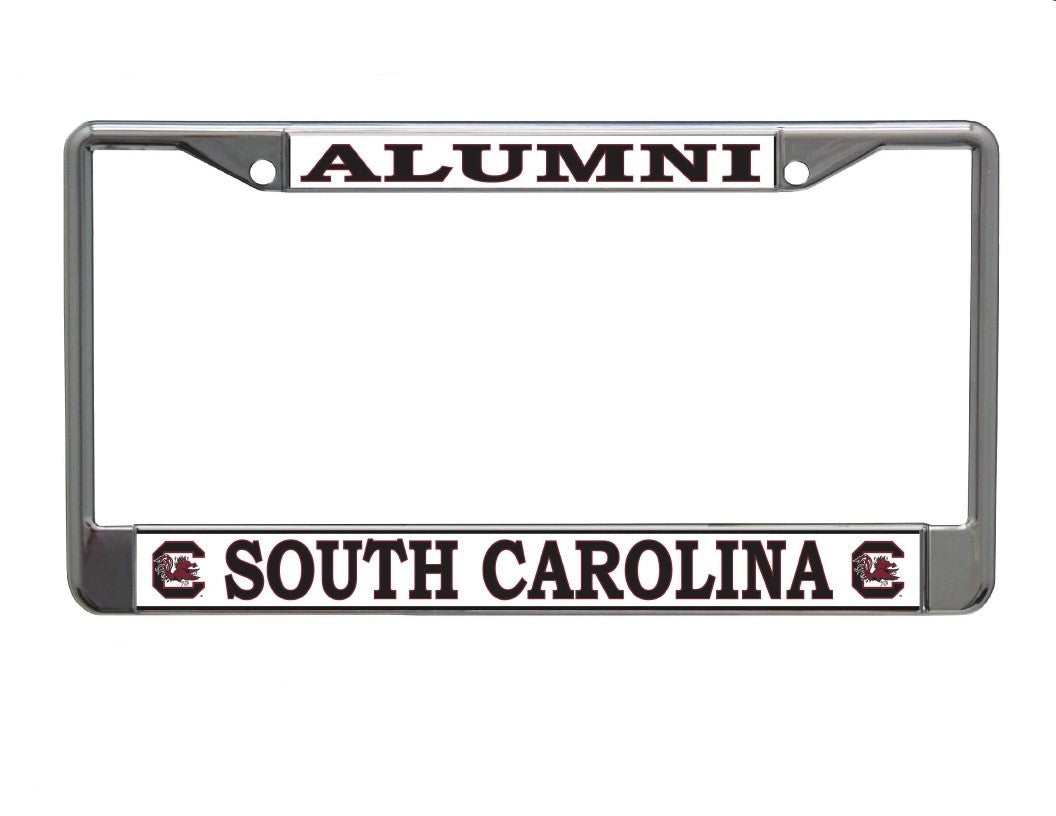 University of South Carolina Alumni Mascot Logo On White Chrome License Plate Frame